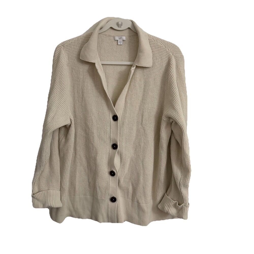 J Jill Sweater Womens 2X Ivory Textured Knit Cardigan Collared Button Front Cozy